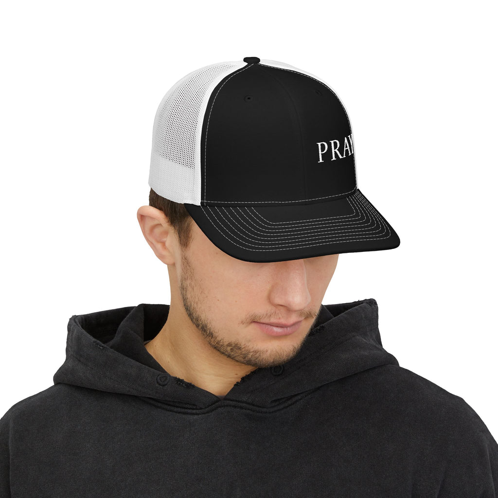Pray Embroidered Trucker Cap — Black & White Snapback Mesh Hat