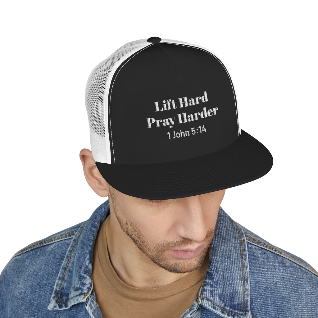 Trucker Hat - Lift Hard Pray Harder (1 John 5:14) Embroidered Mesh Cap