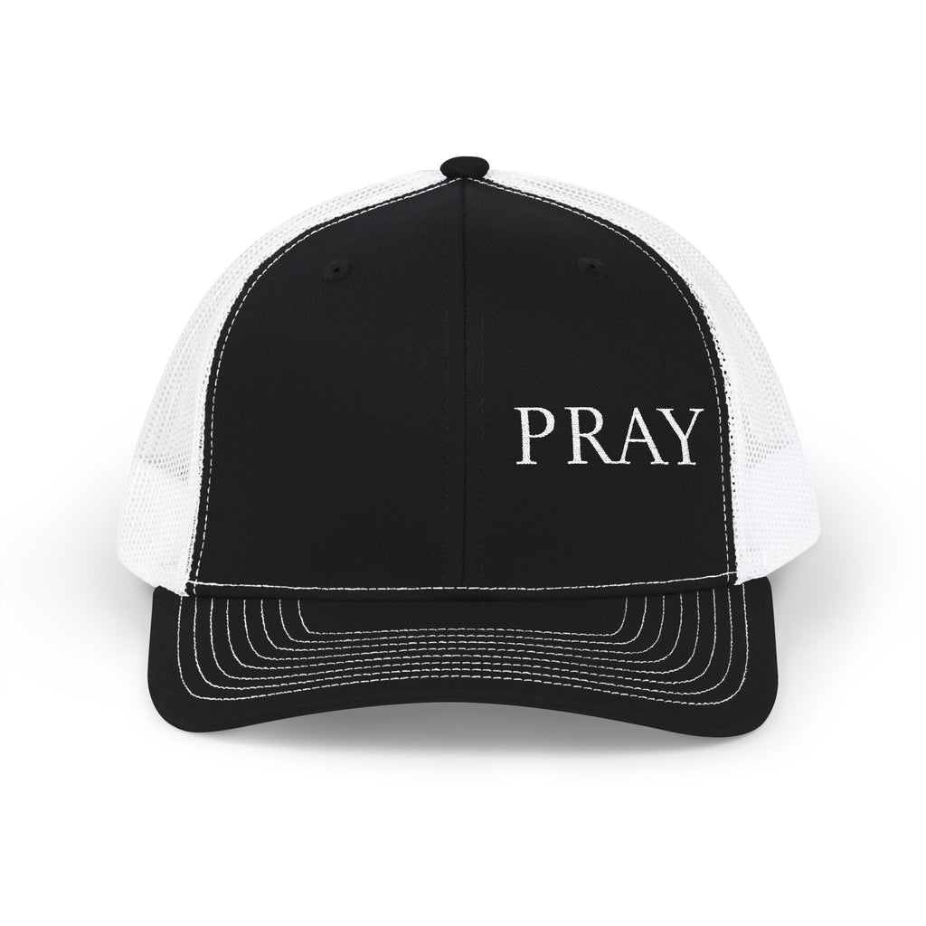Pray Embroidered Trucker Cap — Black & White Snapback Mesh Hat