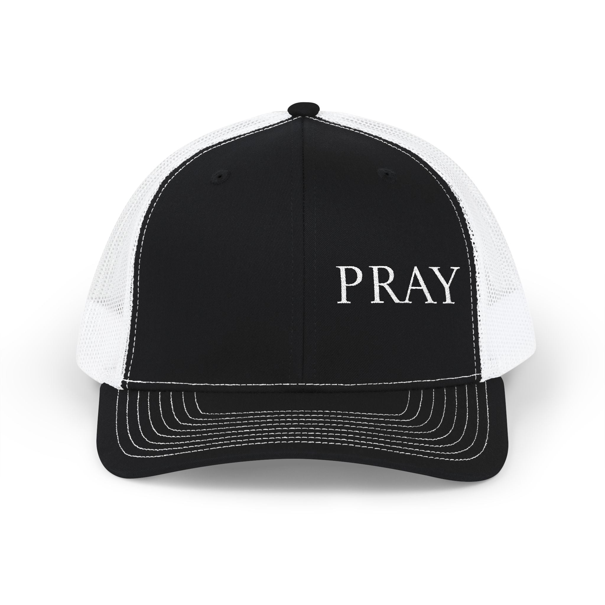 Pray Embroidered Trucker Cap — Black & White Snapback Mesh Hat